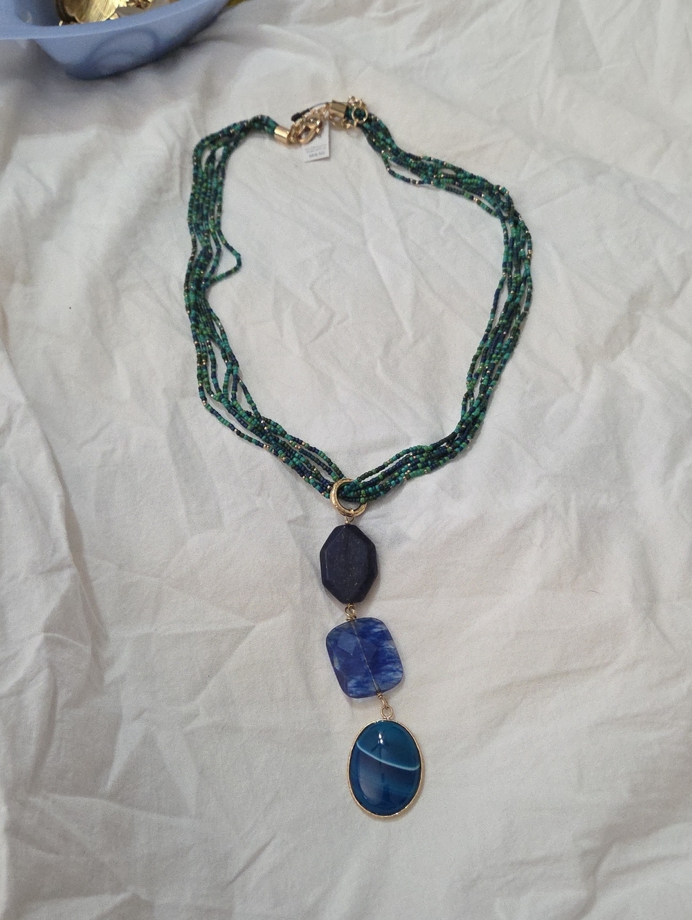 Chico's Green Multi-Strand Beaded Necklace with Blue Stone Drops